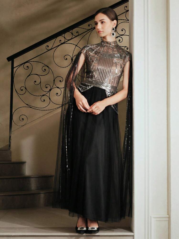 Women's High-End Party/Holiday Beaded Patchwork Turtleneck Fashion Dress