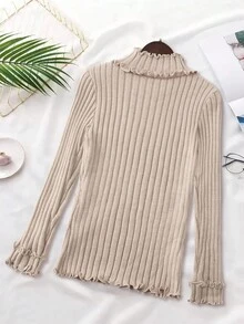 Franclia 欧美博主同款设计，优雅立体褶皱荷叶边长袖针织打底衫，秋冬外出时尚休闲通勤商务办公日常休闲百搭气质都市教师职业装 - 卡其色 - 查看 2