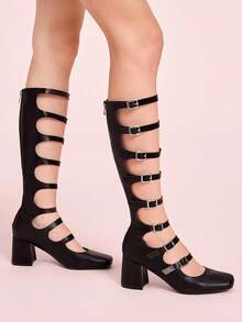 CUCCOO DOLLMOD Women's Square Toe Chunky Heel Fashion Tall Boots, Black Leather With Strap Decor For Christmas Spring Shoes - Black - View 5