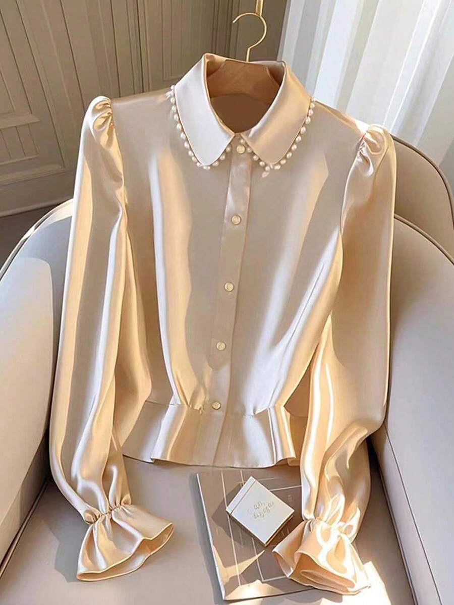 GlowEve Áo cánh nữ tay dài màu trơn cài khuy đơn đính ngọc trai giả thanh lịch - Rượu sâm banh - Xem 1