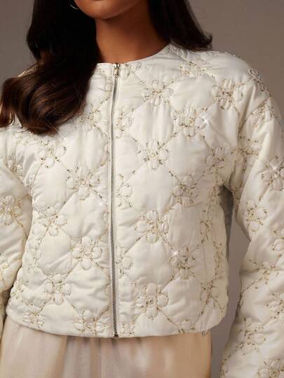 Athîral Women's Ivory Quilted Floral Embroidered Jacket | Glossy Lightweight Fabric, Relaxed Cropped Fit, Crew Collar, Full-Length Puff Sleeves, Zip Front Closure, Elastic Hem, Delicate Gold-Tone Floral Stitching, Cozy Shine For Spring And Autumn Daywear,Formal Occasion,Suitable For Commuting,Old Money,Winter Jacket For Women ,New Year, Quilted Jacket, Women Jacket