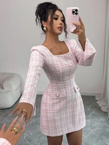 Elenzga New Women's Square Neck Long Sleeve Knit Faux Pocket A-Line Design Dress, Suitable For Spring, Autumn, Winter, Christmas, Everyday, Commute, Party, Young & Fashionable, Elegant - Pink - View 7