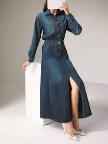 Heiryn 女士牛仔长袖休闲宽松连衣裙，蓝色 - 中等水洗藍 - 查看 3