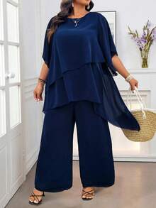 SHEIN CURVE+ 大码休闲宽松拼接雪纺袖上衣和松紧腰裤套装 - 藍色 - 查看 4