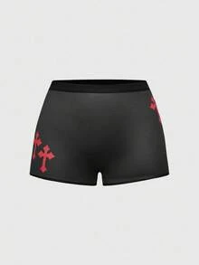 ROMWE 1 quần lót co giãn cao họa tiết chữ thập Gothic - màu đen - Xem 1