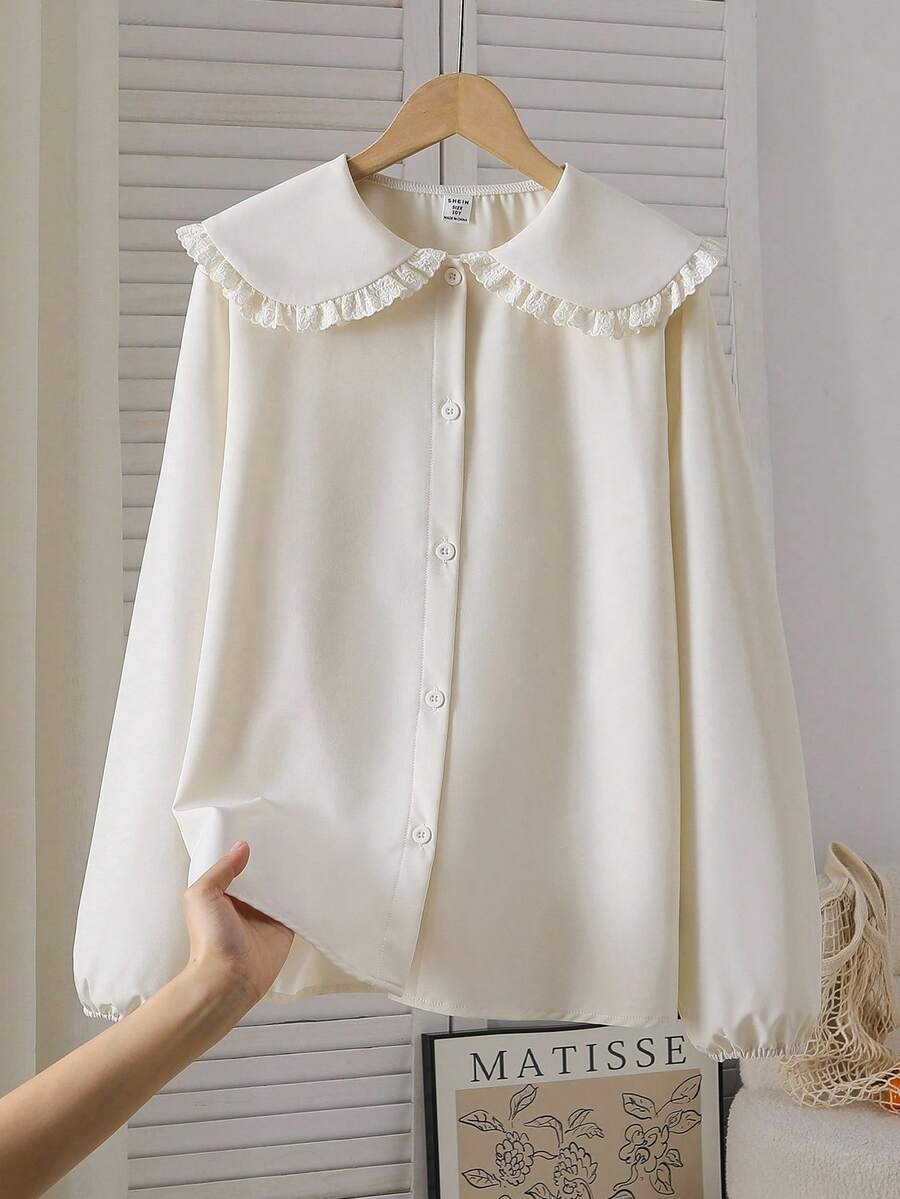 Spring & Autumn New Peter Pan Collar Lace Trim Chic & Fashionable Loose Long Sleeve White Blouse, Fresh & Collegiate Style Fall Winter - Apricot - View 1