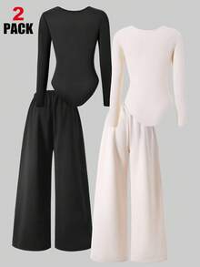 Sparklyn 2pcs/Set Tween Girls Casual Stylish Street Minimalist Round Neck Long Sleeve Jumpsuit & Wide Leg Pants Set, Thermal Lined, Autumn/Winter Fall - Multicolor - View 2