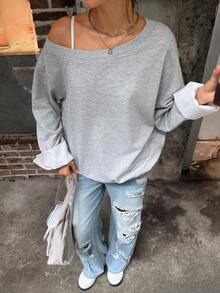 Jouncy Women's Casual Loose Fit Dropped Shoulder Long Sleeve Sweatshirt, Autumn Fall Cloth For Women - Grey - View 2