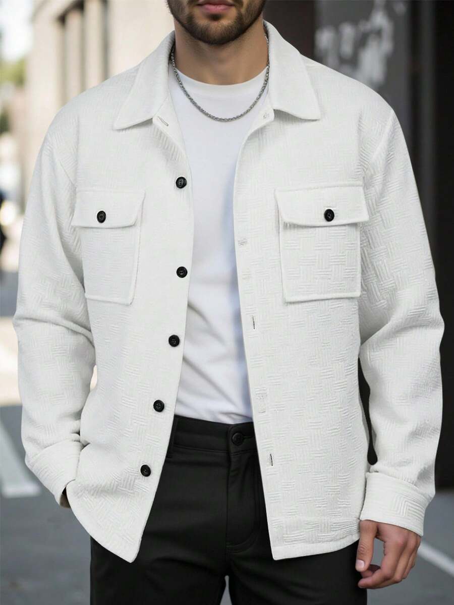 Manfinity Homme 男士休闲衬衫夹克，立领纽扣长袖开衫，双口袋，适合日常、休闲、时尚、通勤、街头风格、春秋季 - 白色 - 查看 1
