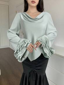 Feyla Damen Bluse mit einfarbiger Rüschensaum Weitung Ärmel, elegante Bluse