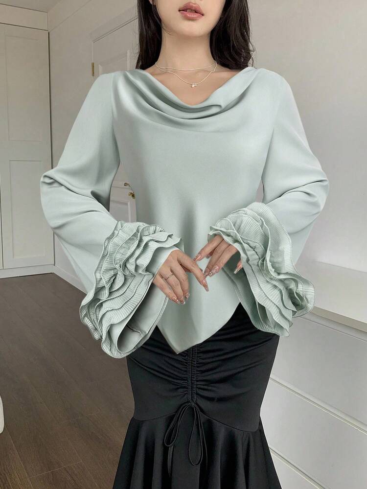 Feyla 女士纯色落肩荷叶边喇叭袖优雅衬衫 - 綠色 - 查看 3