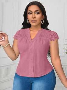 SHEIN Clasi Áo cánh vải họa tiết ren tương phản cổ chữ V cỡ lớn - Hồng - Xem 5