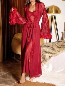 SHEIN 女士睡衣套装，含刺绣花卉网眼吊带裙和睡袍 - 酒紅色 - 查看 6