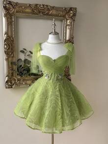 Lovelzi 优雅浅绿色网纱无肩带系带蝴蝶结刺绣贴花A字薄纱层叠毕业/生日/婚礼/正式派对礼服、舞会礼服、下午茶礼服、毕业典礼礼服、女士毕业礼服、返校礼服、情人节礼服 - 薄荷綠 - 查看 1