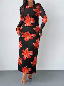 Firerie Vestido de malla de manga larga con volantes y estampado floral elegante y romántico, adecuado para principios de otoño, talla grande - Rojo - Ver 5
