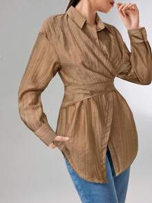 Heiryn 女式秋季褶饰不对称下摆校服衬衫 - 棕色 - 查看 5
