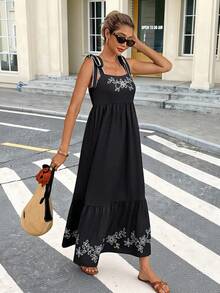 SHEIN Frenchy Women's Embroidered Tie Shoulder Maxi Dress,Black Floral Print Sleeveless Boho Summer Beach Dress,Elegant Vacation Holiday Outfits,Business Casual - Multicolor - View 4
