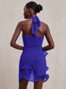 NYA SZN 连衣裙 挂脖领口荷叶边细节 特殊场合 早午餐 毕业典礼 婚礼 宾客 新娘派对 春夏 迷你弹力针织连衣裙 女士 - 藍色 - 查看 4