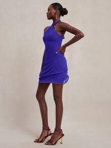 NYA SZN 连衣裙 挂脖领口荷叶边细节 特殊场合 早午餐 毕业典礼 婚礼 宾客 新娘派对 春夏 迷你弹力针织连衣裙 女士 - 藍色 - 查看 5