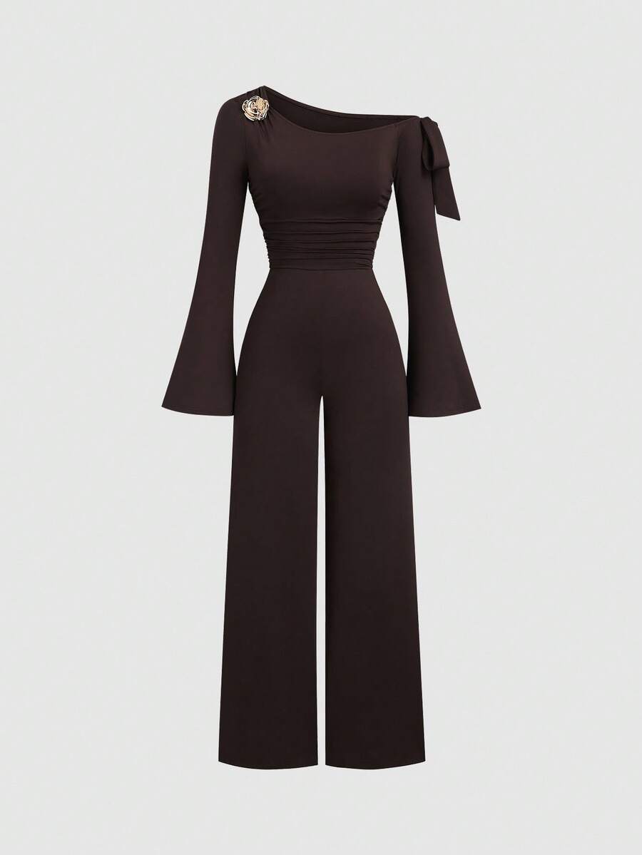 Sweetra 女式纯色金属扣装饰长袖连体裤，秋冬 - 咖啡棕 - 查看 1