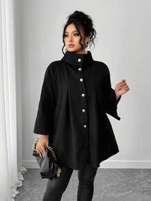 SHEIN Tall CURVE Vải len mùa đông thanh lịch và giản dị dành cho phụ nữ ngoại cỡ - màu đen - Xem 5