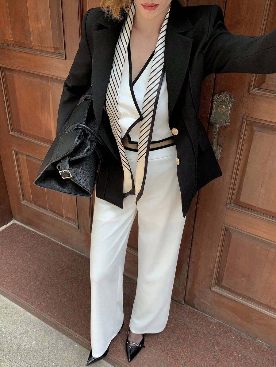 SHEIN MOD Vintage Two-Tone Trim Women Suit Set, Blazer And Outfit, Early Autumn - White - View 1