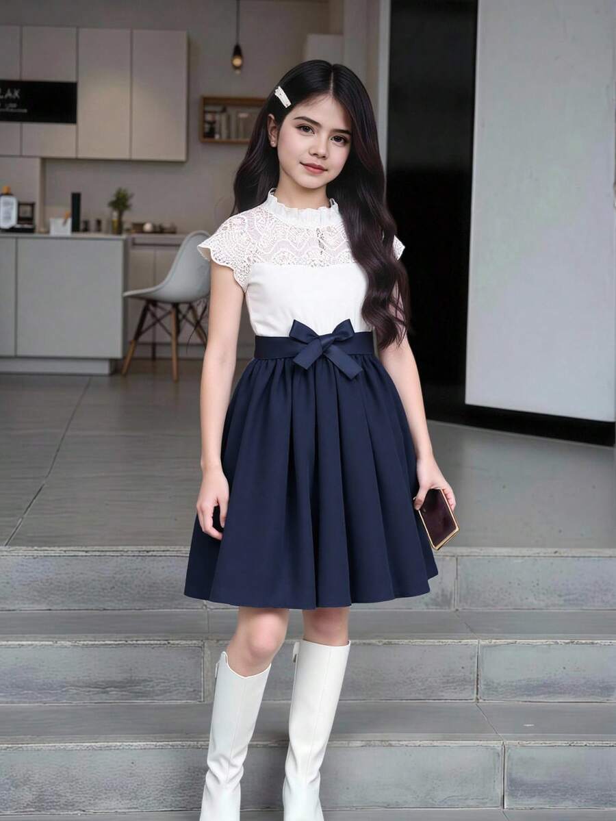 Tween Girl Contrast Lace Panel Frill Neck Belted Dress - Blue - View 1
