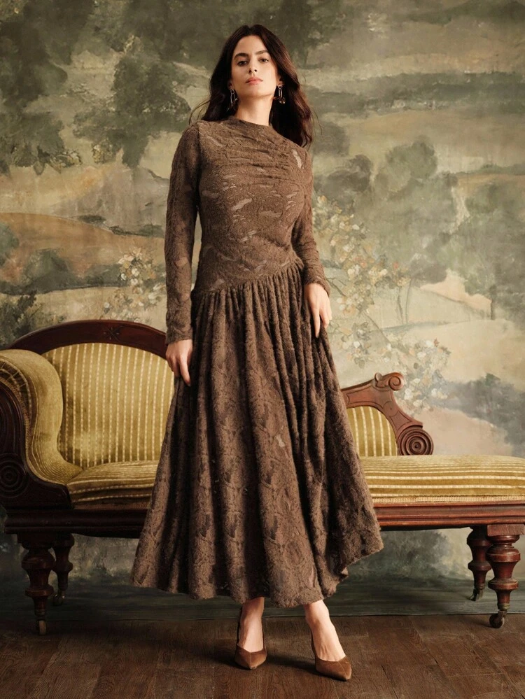 New Autumn/Winter French Fashion Knit Bodycon Dress, Elegant Slim Fit Long Dress For Women, Brown Color, Long Sleeve, Luxurious Party Dress