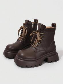 ROMWE Fairycore 女式踝靴，侧面拉链，正面系带，休闲短靴，适合圣诞节和新年假期 - 棕色 - 查看 1