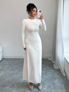 Selianne 25-30+ Days Casual Autumn/Winter Ribbed Knit Drawstring Dress For Women - Apricot - View 4