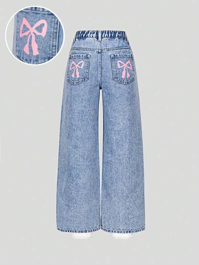 SHEIN Tween Girls Casual Fashion Light Blue Denim Color Butterfly Print Loose Wide Leg Relaxed Fit Comfortable Daily Versatile School Casual Washed Denim Pants Girls Jeans With Bows Wide Leg Jeans With Bows Girls Wide Leg Jeans Jeans With Bow Detail Fall Winter