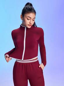 SHEIN Dewbera Áo khoác Raglan ngắn cổ đứng vừa vặn dành cho nữ, đồ thể thao co giãn phù hợp để chạy bộ và tập luyện Bộ đồ nỉ cho nữ Bộ đồ chạy bộ dành cho nữ Bộ đồ thể thao dành cho nữ Bộ đồ thể thao giải trí Bộ đồ nỉ cho nữ Bộ đồ chạy bộ dành cho nữ Bộ đồ tập luyện màu nâu đỏ Bộ đồ thể thao dành cho nữ Bộ đồ nỉ cho nữ - Đỏ - Xem 4