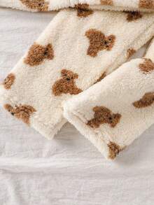 2件套年轻女孩休闲可爱熊图案毛绒连帽衫上衣和裤子家居服套装 - 彩色 - 查看 8