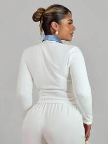 Xyvia Elegant Ribbed Knit Fabric Patchwork Contrast Button Closure Fitted Short Cardigan Fall Cloth For Women - White - View 2