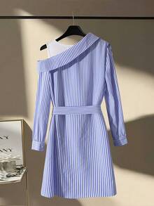 GlowEve Women's Chic Blue White Stripe Shirt Dress For Autumn,Off The Shoulder Splicing Long Sleeve Waist-Cinching A-Line Dress With Belt,Daily Work Outfits - Multicolor - View 2