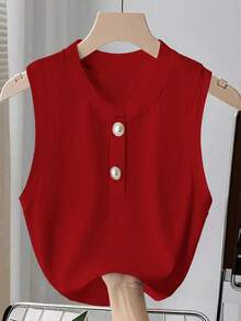 GlowEve 女式时尚新款优雅无袖纯色针织背心，夏季 - 紅色 - 查看 1
