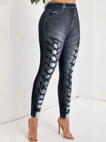 SHEIN Lady 2025 New Women's Elastic Waist Denim Effect Print Casual Leggings Chic Printing Pants For Women  Halloween Costumes  Christmas Going Out Outfit