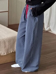 DAZY 青少年（女孩）宽松舒适条纹直筒裤，休闲家居服，秋季 - 藏蓝色 - 查看 6