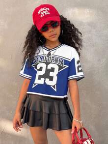 Coolane 少女秋季针织T恤，街头风图案蓝色V领露脐短款T恤，针织露脐上衣，返校季，返校节，酷女孩 - 藍色 - 查看 6