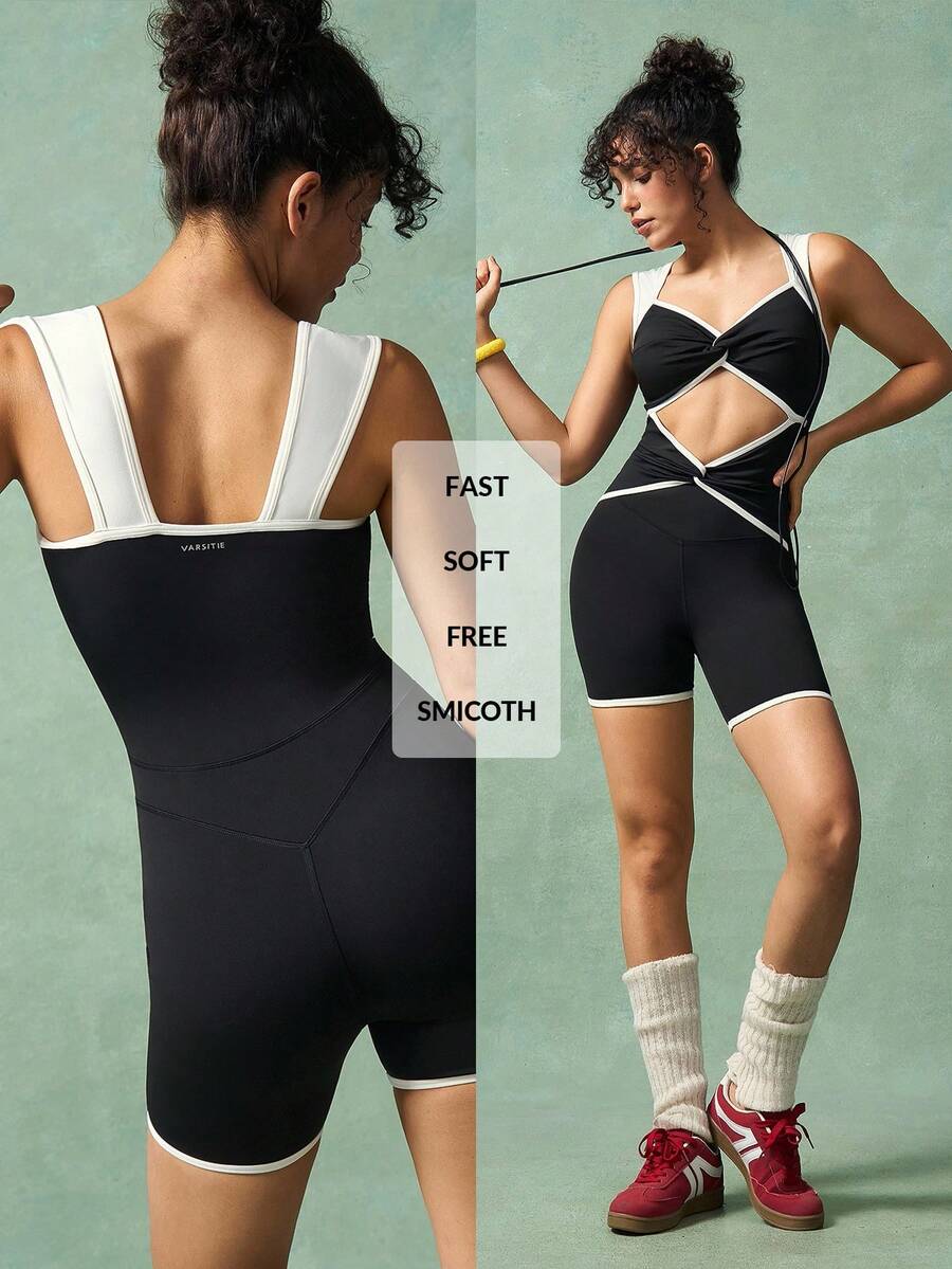 VARSIVA 女式圆领扭纹镂空无袖连体衣 - 黑與白 - 查看 1