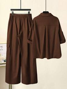 Franclia Loose Fit Casual Minimalist Shirt & Wide Leg Pants Set Brown 2 Pieces Set Work Clothes Women Set Blouse And Pants Set Shirt And Pants Set Brown Set Women Curious George Brown Chocolate Brown