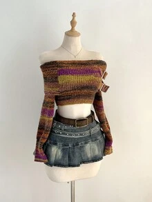 Elamini 1pc Sexy Off-Shoulder Ombre Short Knitted Long Sleeve Sweater For Women