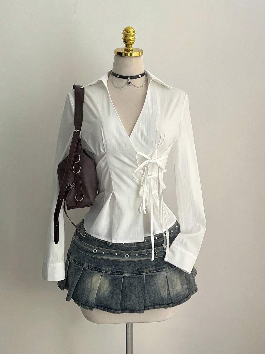 Elamini Sexy Collared Side Lace-Up Waist Slim Fit Long Sleeve Blouse For Women - White - View 1