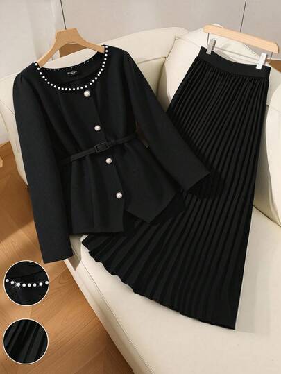 GlowEve CURVE 플러스플러스 사이즈 여성용 블랙 럭셔리 우아한 개인 맞춤형 칼라 스플라이스 화이트 레이스 진주 긴소매 탑 재킷 + 플리츠 메쉬 무릎 길이 스커트 2피스 세트, 가을/겨울