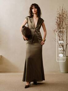 Arave Premium französischer eleganter Pendler-Lässig Damen Satin Stehkragen ärmelloser Weste Top & Meerjungfrau Rock Set, neue Herbstkollektion - Armeegrün - Übersicht 1