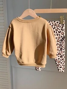 2pcs Baby Girl Casual Comfortable Versatile Leopard Print Bow Crew Neck Fleece Thick Sweatshirt And Leopard Print Leggings Tracksuit Set Fall Winter - Khaki - View 4