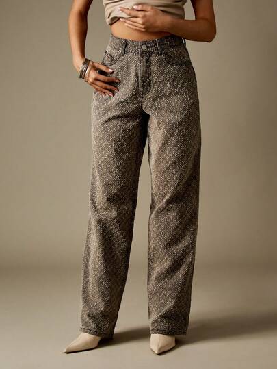 MISSGUIDED 女式高腰阔腿牛仔裤水晶装饰牛仔个性裤水钻闪光派对假日冬季时尚全长裤