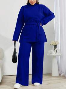 EURMUSE 纯色高领休闲毛衣 2件套 - 寶藍色 - 查看 1