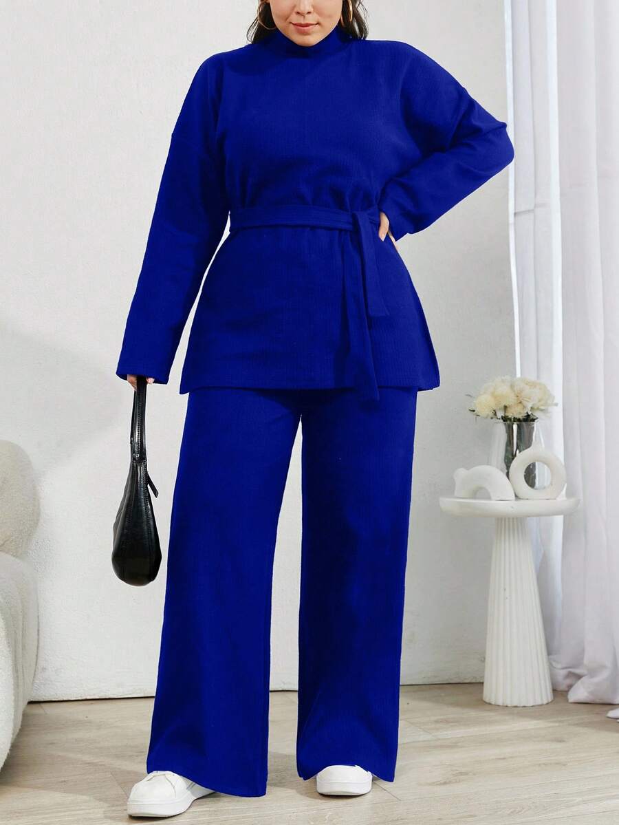 EURMUSE 纯色高领休闲毛衣 2件套 - 寶藍色 - 查看 1