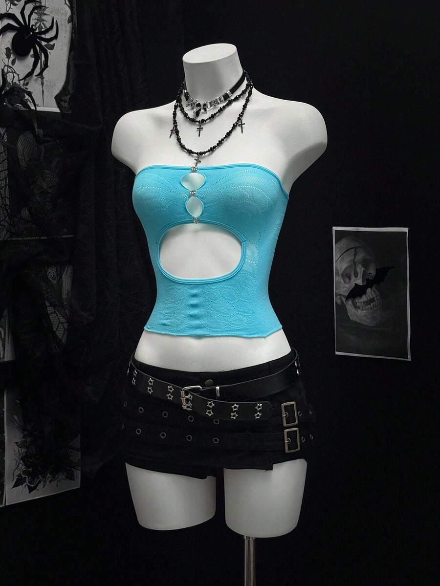 EgrlEra Sexy Blue Rhinestone Hollow-Out Camisole - Blue - View 1
